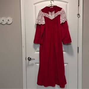 Vintage Brandywine Red Velvet Housecoat Robe Long Sleeve Lace Trim 1970s Holiday